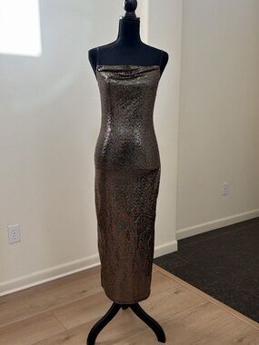 Bebe Metallic Gold Cowl Neck Maxi Dress Y2K Size S